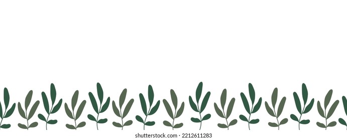 Seamless frame with green twigs in naive style on a white background. Botanical border, banner for placing text, etc. Rectangular vector illustration.