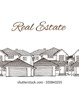 Seamless frame with hand drawn buildings (cottage, country houses) in brown and white. Vector illustration