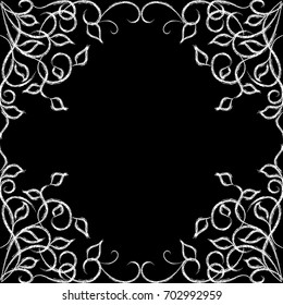 Seamless frame pattern. Black background with white grunge hand drawn floral vintage ornaments. Vector isolated texture for cards, prints, fabric, textile, label, message. Place for text. 
