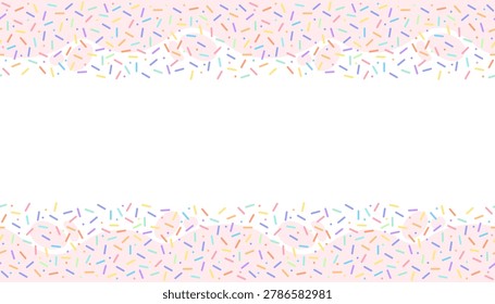 Seamless frame pattern features colorful sweet sprinkles on pink glaze top and bottom borders. This festive pastel dessert template is perfect for confectionery branding, bakery and birthday party.