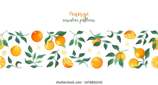 Seamless frame, pattern of orange branches and flowers isolated on white background.