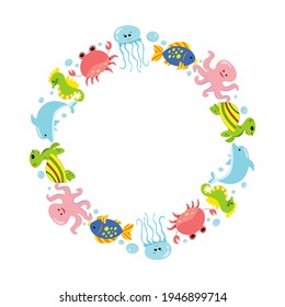 Seamless frame (pattern) with sea animals. Bright vector illustration for childrens design. Marine mammals. 