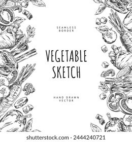 Marco sin costuras con un lugar para el texto con verduras dibujadas a mano: tomate, apio y muchos otros. Los gráficos de Vector son perfectos para diseñar una receta orgánica o un menú vegetariano.