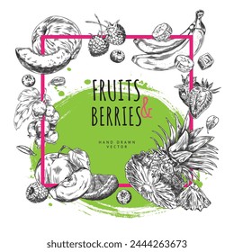 Marco sin costuras con espacio para texto e ilustraciones de frutas y bayas: durazno, frambuesa, plátano y más. Ideal para crear diseños de comida o postre sobre un fondo blanco.