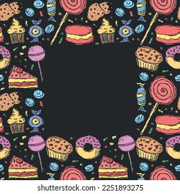 Seamless frame with sweets. Doodle vector with sweets icons. cartoon sweets background