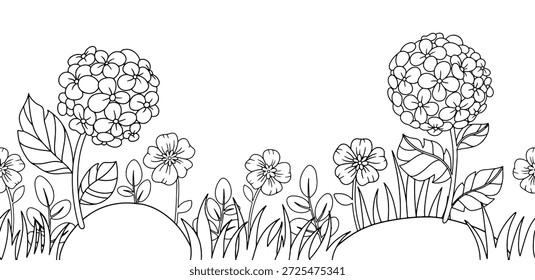 Marco sin costuras. Ilustración vectorial de un prado con flores de hortensias. Libro para colorear