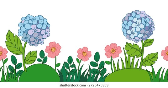 Marco sin costuras. Ilustración vectorial de un prado con flores de hortensias.