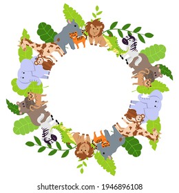 
Seamless frame with wild animals. Elephant, lion, rhino, hippo, giraffe, jaguar, monkey, crocodile and tiger. Cartoon vector illustration for childrens design.