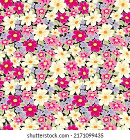 Seamless Free Hand Style Floral Pattern. Pink, Light Yellow And Light Purple Daisy Flower. Black Color Background