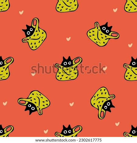 Seamless freehand print. Doodle.
Cat in a bag. Eyes and ears of a cat in a bag with a pattern. Children's print for clothes, covers, fabrics, wrapping paper, dishes, hoodies, t-shirts