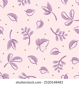 Seamless Freehand Style Leaves Pattern, Light Pink Color Background