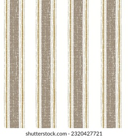 Seamless french brown yellow farmhouse style stripes texture. Woven linen cloth pattern background. Line striped closeup weave fabric for kitchen towel material. Pinstripe fiber picnic table cloth