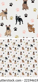 Seamless French Bulldog dog pattern, holiday texture. Square format, t-shirt, poster, packaging, textile, socks, textile, fabric, decoration, wrapping paper. Trendy hand-drawn Bulldog dog wallpaper.