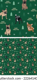 Seamless French Bulldog dog pattern, holiday texture. Square format, t-shirt, poster, packaging, textile, textile, fabric, decoration, wrapping paper. Trendy hand-drawn dogs wallpaper, background.