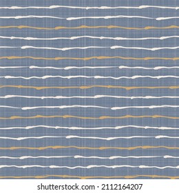 Seamless French country kitchen stripe fabric pattern print. Blue yellow white horizontal striped background. Batik dye provence style rustic woven cottagecore textile. 