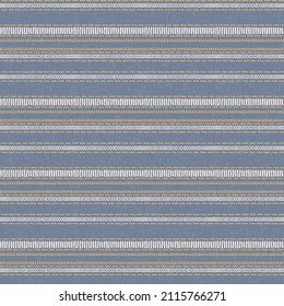 Seamless French country kitchen stripe fabric pattern print. Blue yellow white horizontal striped background. Batik dye provence style rustic woven cottagecore textile. 