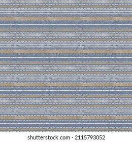 Seamless French country kitchen stripe fabric pattern print. Blue yellow white horizontal striped background. Batik dye provence style rustic woven cottagecore textile. 