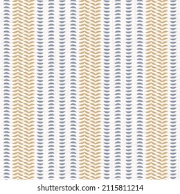 Seamless French country kitchen stripe fabric pattern print. Blue yellow white vertical striped background. Batik dye provence style rustic woven cottagecore textile. 