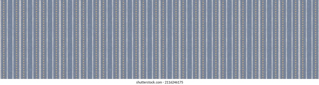 Seamless French country kitchen stripe fabric pattern print. Blue yellow white horizontal striped background. Batik dye provence style rustic woven cottagecore textile. 