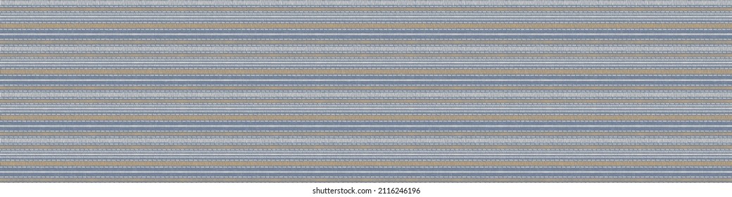 Seamless French country kitchen stripe fabric pattern print. Blue yellow white horizontal striped background. Batik dye provence style rustic woven cottagecore textile. 