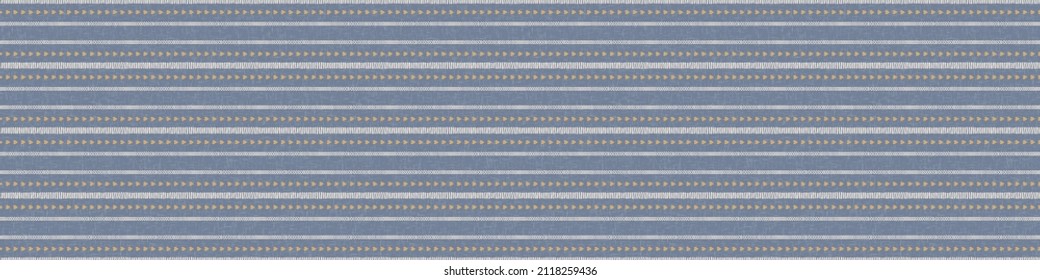 Seamless French country kitchen stripe fabric pattern print. Blue yellow white horizontal striped background. Batik dye provence style rustic woven cottagecore textile. 