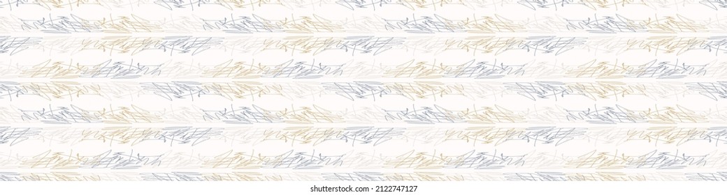 Seamless French country kitchen stripe fabric border print. Blue yellow white horizontal striped background. Batik dye provence style rustic woven cottagecore textile. 