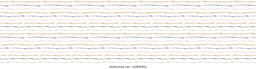 Seamless French country kitchen stripe fabric border print. Blue yellow white horizontal striped background. Batik dye provence style rustic woven cottagecore textile. 