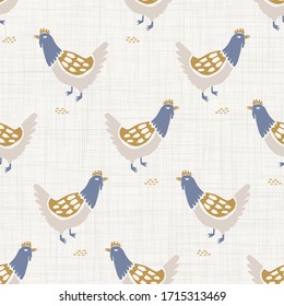 Seamless french farmhouse chicken hen pattern. Provence linen shabby chic style. Hand drawn rustic texture background. Country style wallpaper home decor swatch. Farm animal textile all over print