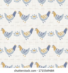 Seamless french farmhouse chicken hen pattern. Provence linen shabby chic style. Hand drawn rustic texture background. Country style wallpaper home decor swatch. Farm animal textile all over print