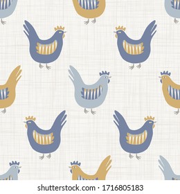 Seamless french farmhouse chicken hen pattern. Provence linen shabby chic style. Hand drawn rustic texture background. Country style wallpaper home decor swatch. Farm animal textile all over print
