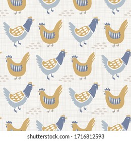 
Seamless french farmhouse chicken hen pattern. Provence linen shabby chic style. Hand drawn rustic texture background. Country style wallpaper home decor swatch. Farm animal textile all over print