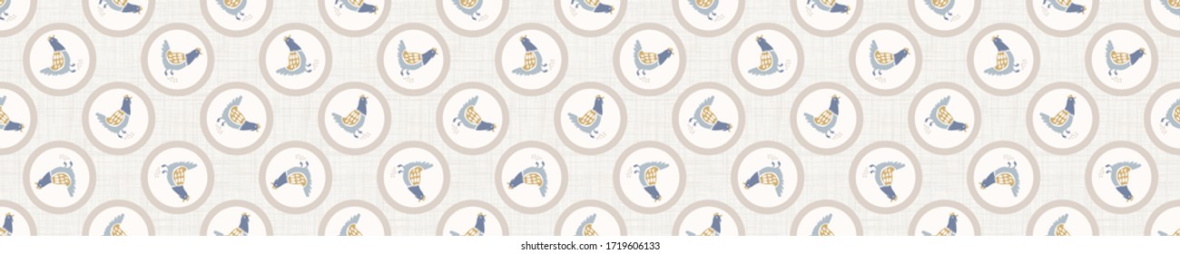 
Seamless french farmhouse chicken hen border pattern. Provence linen shabby chic style. Hand drawn rustic texture background. Country style edge banner home decor tape. Farm animal textile ribbon.