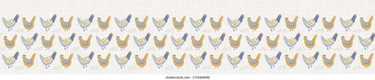 Seamless french farmhouse chicken hen border pattern. Provence linen shabby chic style. Hand drawn rustic texture background. Country style edge banner home decor tape. Farm animal textile ribbon.