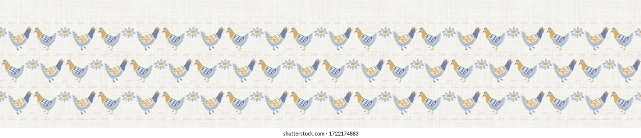 Seamless french farmhouse chicken hen border pattern. Provence linen shabby chic style. Hand drawn rustic texture background. Country style edge banner home decor tape. Farm animal textile ribbon.