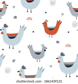Seamless french farmhouse chicken hen pattern. Vector Seamless pattern with chickens, hen and rooster. Loop pattern for fabric, textile, wallpaper, posters, gift wrapping paper.