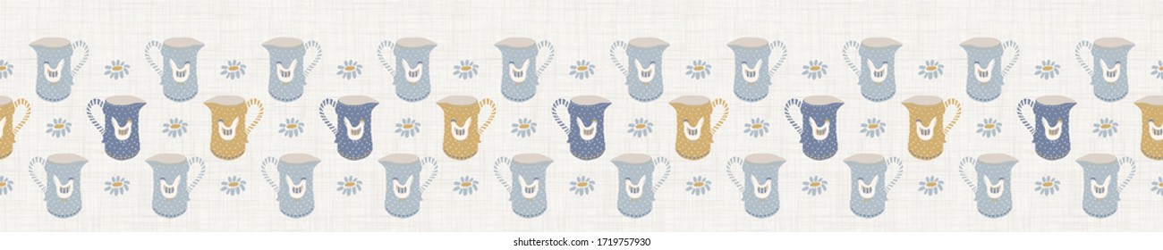 Seamless french farmhouse chicken jug border pattern. Provence linen shabby chic style. Hand drawn rustic cream pitcher background. Country style edge banner home deco tape. Farm animal textile ribbon