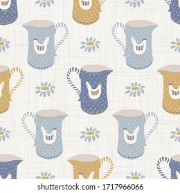 Seamless french farmhouse chicken milk jug pattern. Provence linen shabby chic style. Hand drawn rustic texture background. Country style wallpaper home deco swatch. Farm pitcher textile allover print