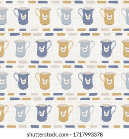 
Seamless french farmhouse chicken milk jug pattern. Provence linen shabby chic style. Hand drawn rustic texture background. Country style wallpaper home deco swatch. Farm pitcher textile allover prin
