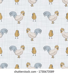 Seamless french farmhouse cockerel and chick pattern. Provence linen shabby chic style. Hand drawn rustic texture background. Chicken country style wallpaper home decor swatch. Farm animal textile all