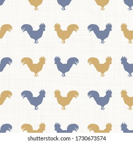 Seamless french farmhouse cockerel and silhouette pattern. Farmhouse linen shabby chic style. Hand drawn rustic texture background. Country farm kitchen design. Poultry meat cut textile all over.