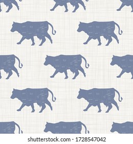 Seamless french farmhouse cow charcuterie butcher pattern. Farmhouse linen shabby chic style. Hand drawn rustic texture background. Country farm kitchen design. 