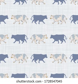 Seamless french farmhouse cow silhouette pattern. Farmhouse linen shabby chic style. Hand drawn rustic texture background. Country farm kitchen design.  