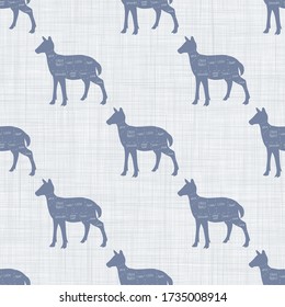 Seamless french farmhouse deer cut chart pattern. Farmhouse linen shabby chic style. Hand drawn rustic texture background. Country farm kitchen design. Venison meat cut textile all over print.