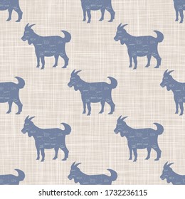 Seamless french farmhouse goat butcher chart pattern. Farmhouse linen shabby chic style. Hand drawn rustic texture background. Country farm kitchen design. Chevon meat cut textile all over print.