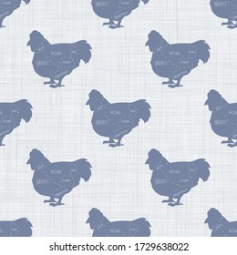 Seamless french farmhouse hen charcuterie butcher pattern. Farmhouse linen shabby chic style. Hand drawn rustic texture background. Country farm kitchen design. Poultry meat cut textile all over print