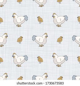 Seamless french farmhouse hen and chick pattern. Provence linen shabby chic style. Hand drawn rustic texture background. Chicken country style wallpaper home decor swatch. Farm animal textile all.