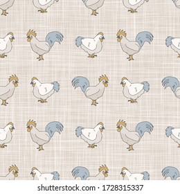 Seamless french farmhouse hen and cockerel pattern. Provence linen shabby chic style. Hand drawn rustic texture background. Chicken country style wallpaper home decor swatch. Farm animal textile all.