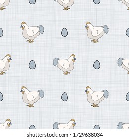 Seamless french farmhouse hen with egg pattern. Provence linen shabby chic style. Hand drawn rustic texture background. Chicken country style wallpaper home decor swatch. Farm animal textile all.