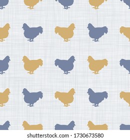 Seamless french farmhouse hen and silhouette pattern. Farmhouse linen shabby chic style. Hand drawn rustic texture background. Country farm kitchen design. Poultry meat cut textile all over.