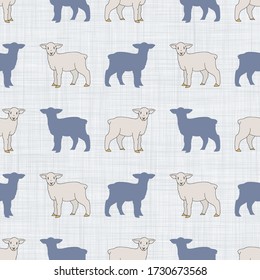 Seamless french farmhouse lamb with silhouette pattern. Farmhouse linen shabby chic style. Hand drawn rustic texture background. Country farm kitchen design. Mutton meat cut textile all over print.